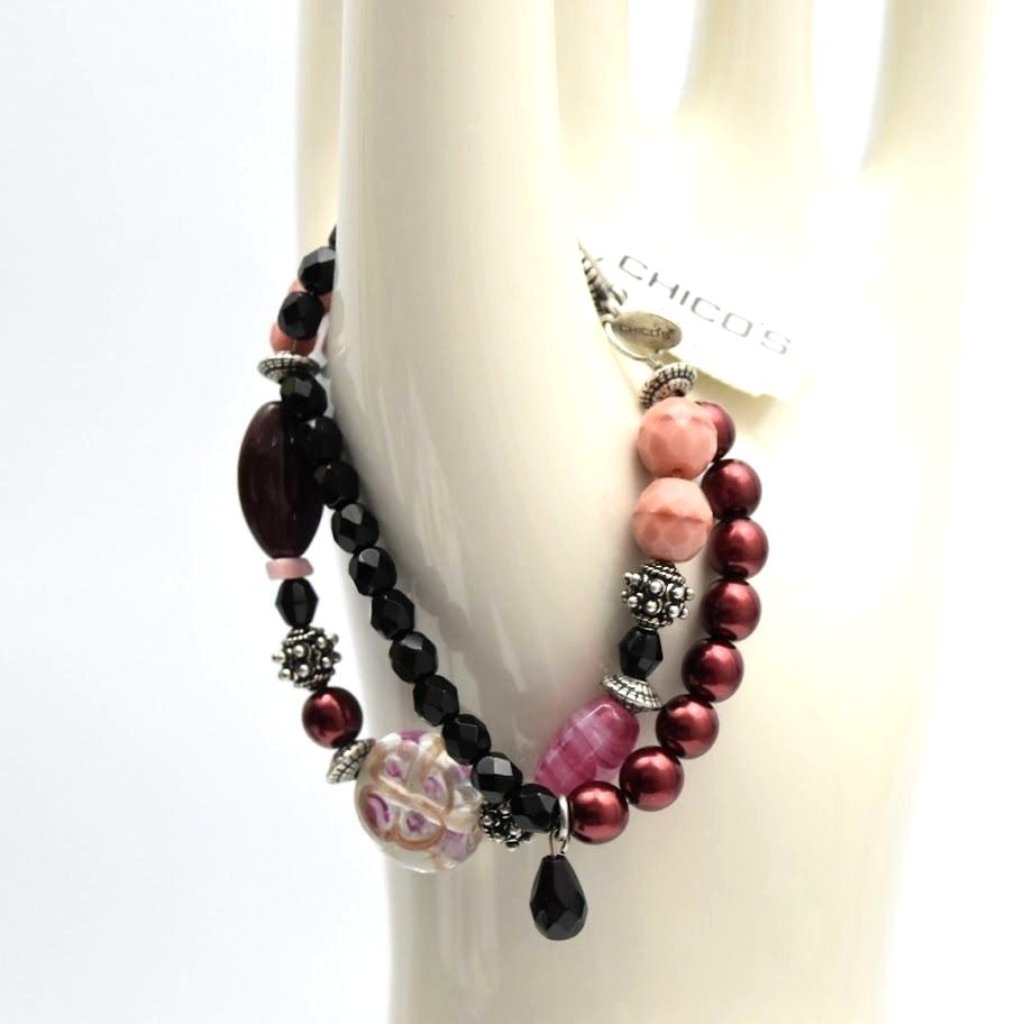 Chicos Double Stranded Beaded Bracelet Multi Beads Pink Black Clear Silver New 16$